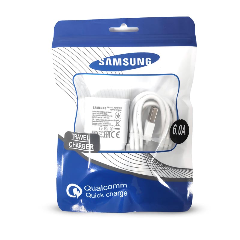Cargador rapido cable tipo C, 6.0A, bolsita azul pastel Samsung