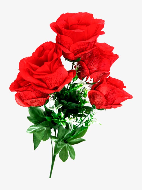 Ramo de 5 rosas con adornos blancos,  largo 50 cm, corola 10 cm