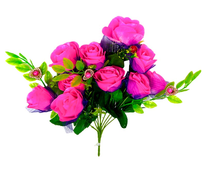 Flor - ramo de 10 rosas adornos de perlas y frutas, largo 40 cm, corola 6 cm