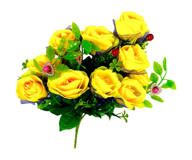 Flor - ramo de 10 rosas adornos de perlas y frutas, largo 40 cm, corola 6 cm