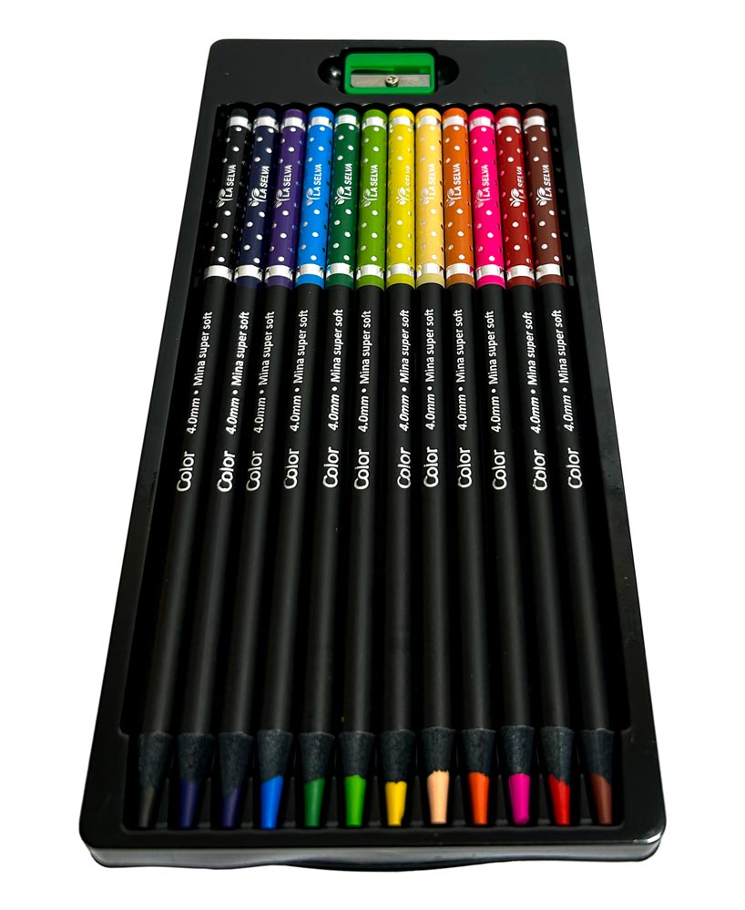 Color largo redondo mina 4mm SUPER SOFT madera negra La Selva de 12 colores + tajador