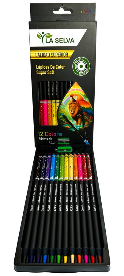 Color largo redondo mina 4mm SUPER SOFT madera negra La Selva de 12 colores + tajador