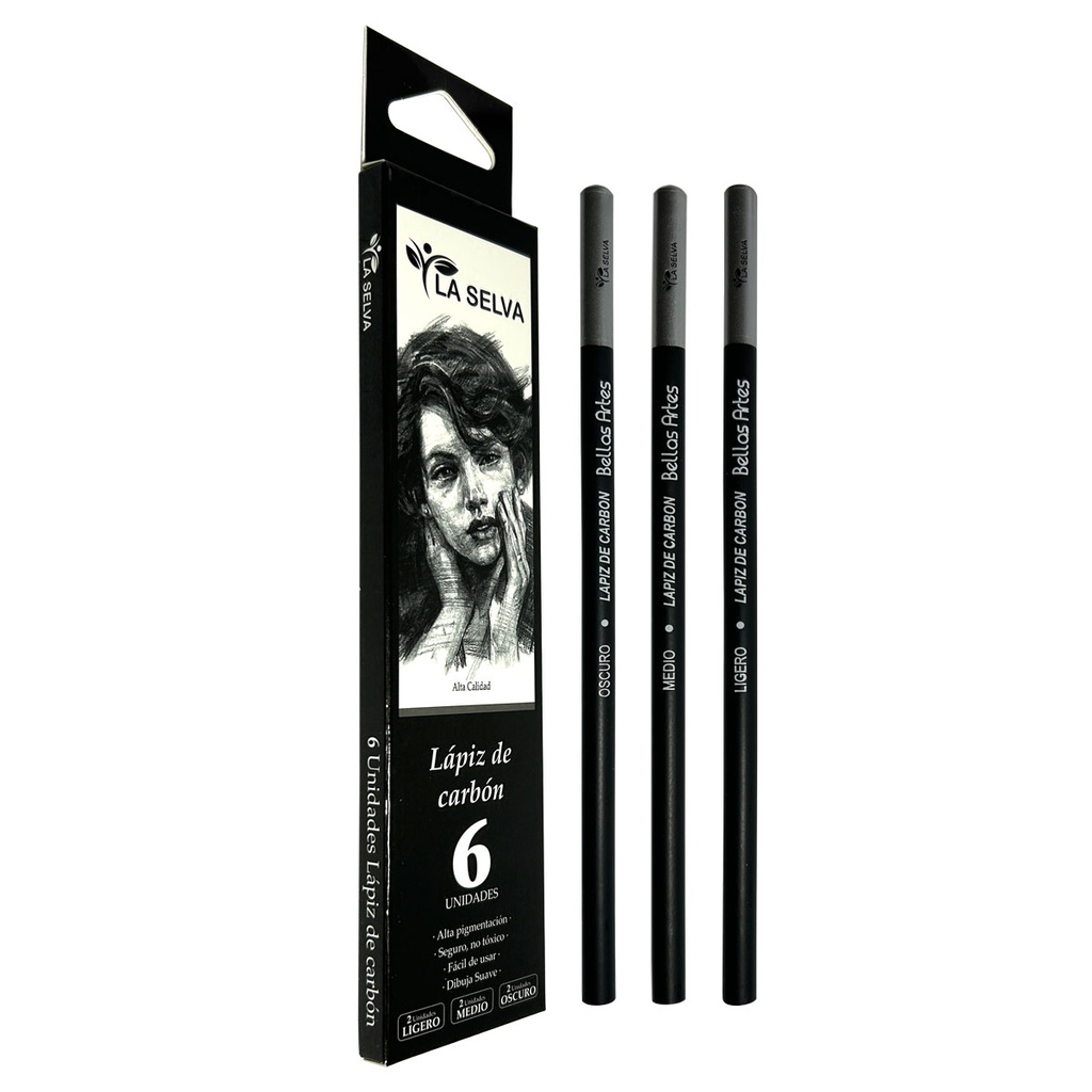 Lapiz de carbon (LIGERO-MEDIO-OSCURO)  La Selva cajita de 6pcs