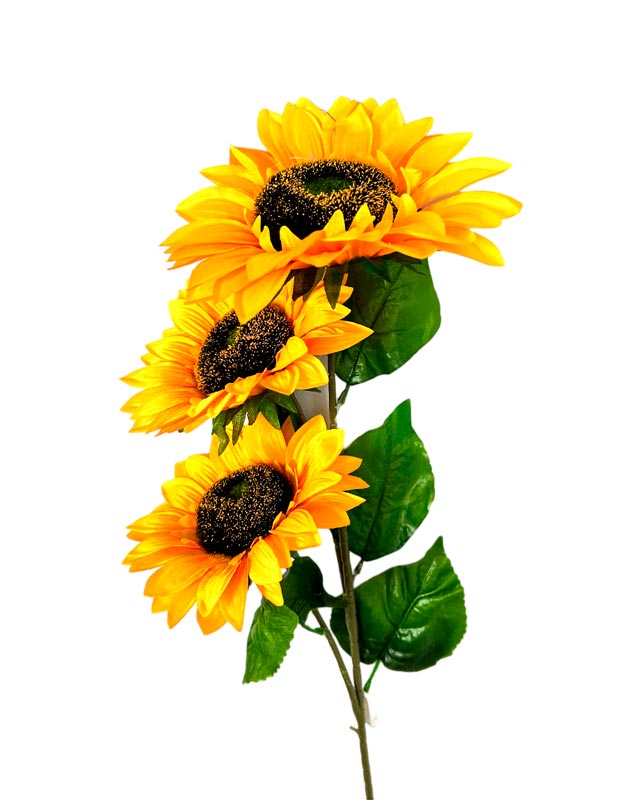 Flor - ramo de 3 girasoles, largo 95 cm, 1 corola 17 cm y 2 corolas de 15cm