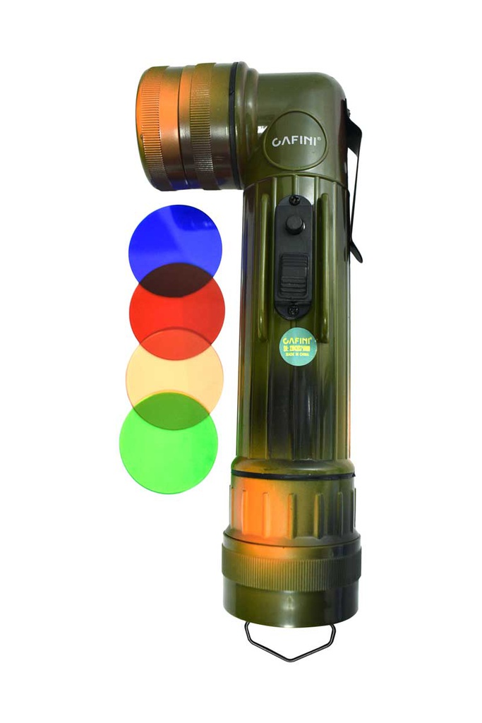 Linterna en forma de L grande, CN-L371B para 2 pilas grande con luz Led + 4 lentes de colores
