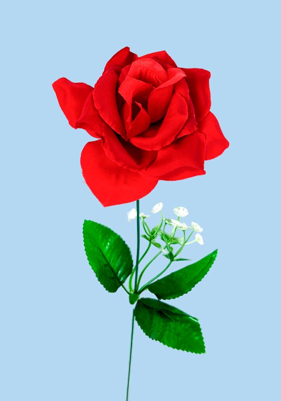 Flor - rosa individual rojo con adornos blancos aterciopelado, largo 44 cm, corola 10 cm