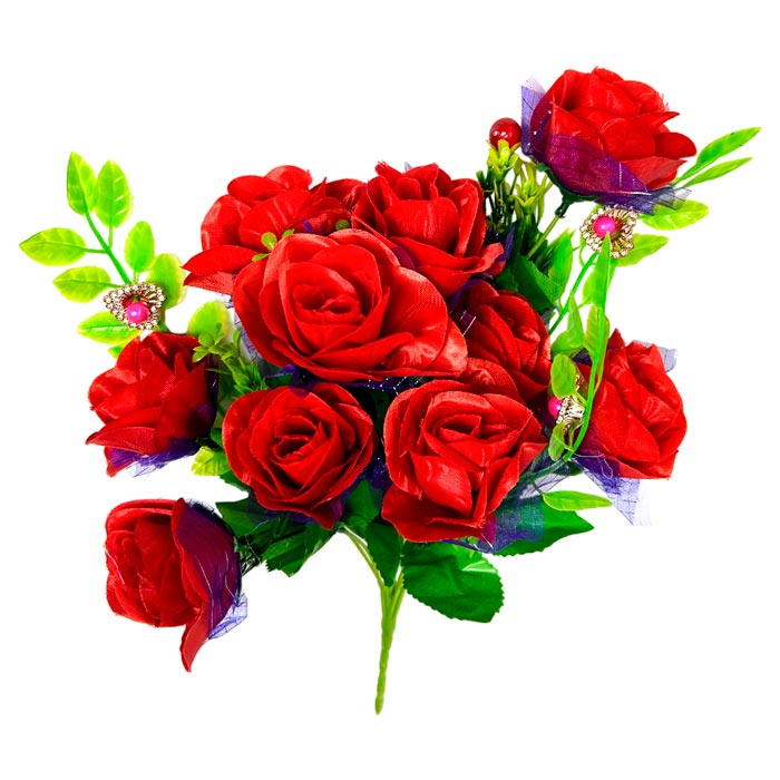Flor - ramo de 10 rosas adornos de perlas y frutas con tull, largo 40 cm, corola 6 cm