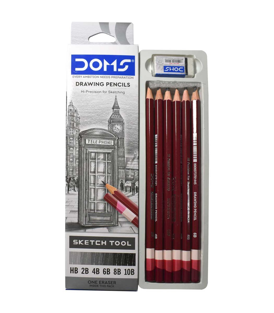 Lapiz de dibujo drawing pencils sketch tool HB, 2B, 4B, 6B, 8B y 10B DOMS cajita de 6pcs