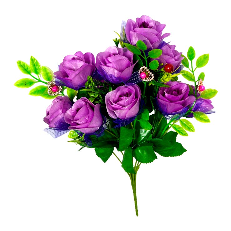 Flor - ramo de 10 rosas adornos de perlas y frutas, largo 40 cm, corola 6 cm