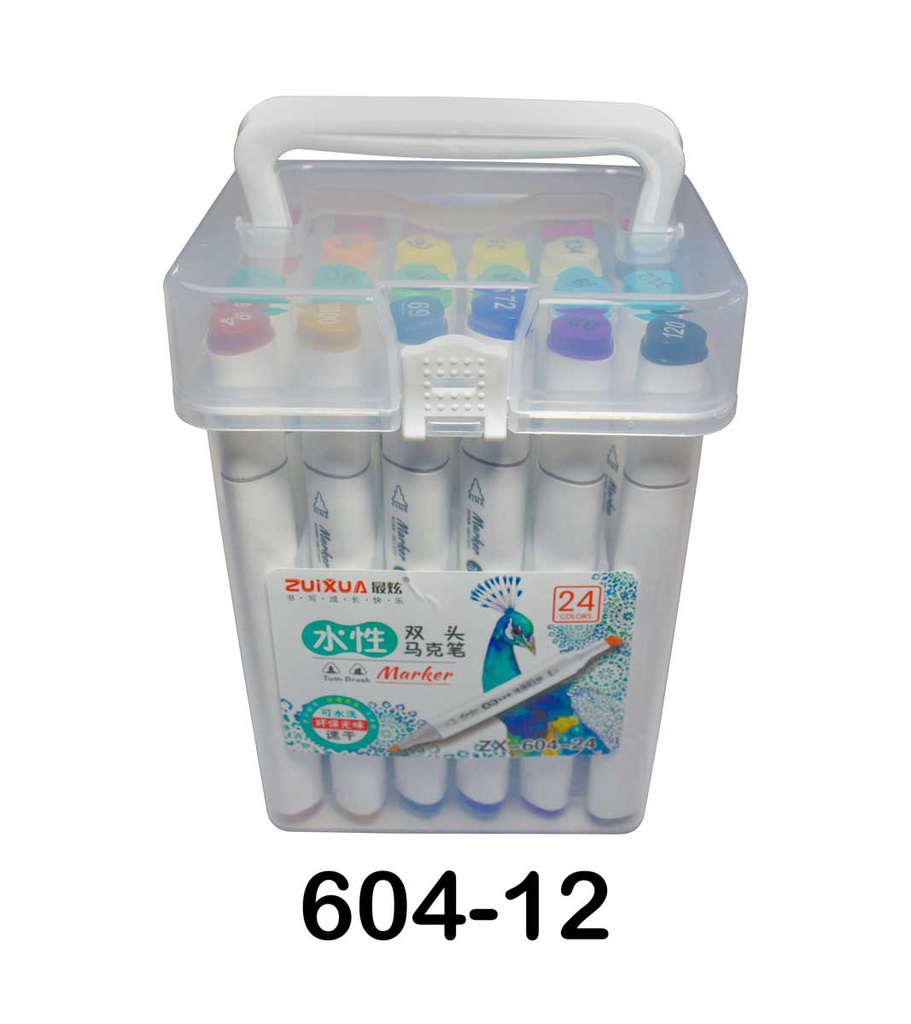 Marcadores a base de agua doble punta biselado y redondo 5/1.5mm Zuixua frasco rigido de 24 colores