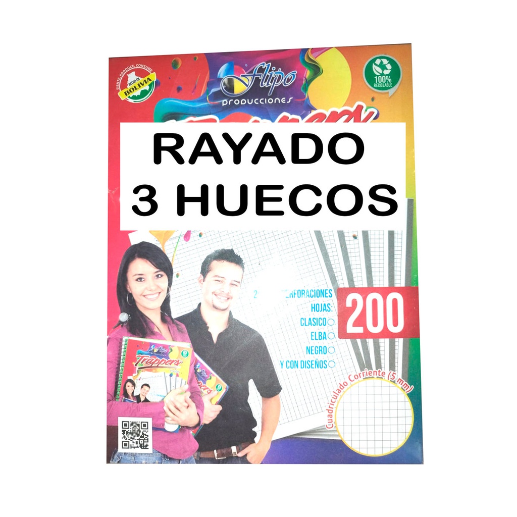 Hojas trapper Flipo RAYADO blanco y negro  200hjs (3 Huecos)