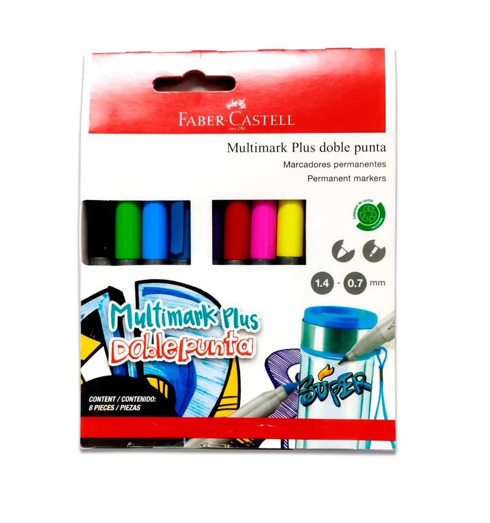 Marcador multimark plus doble punta 1.4-0.7mm permanente Faber Castell de 8colores