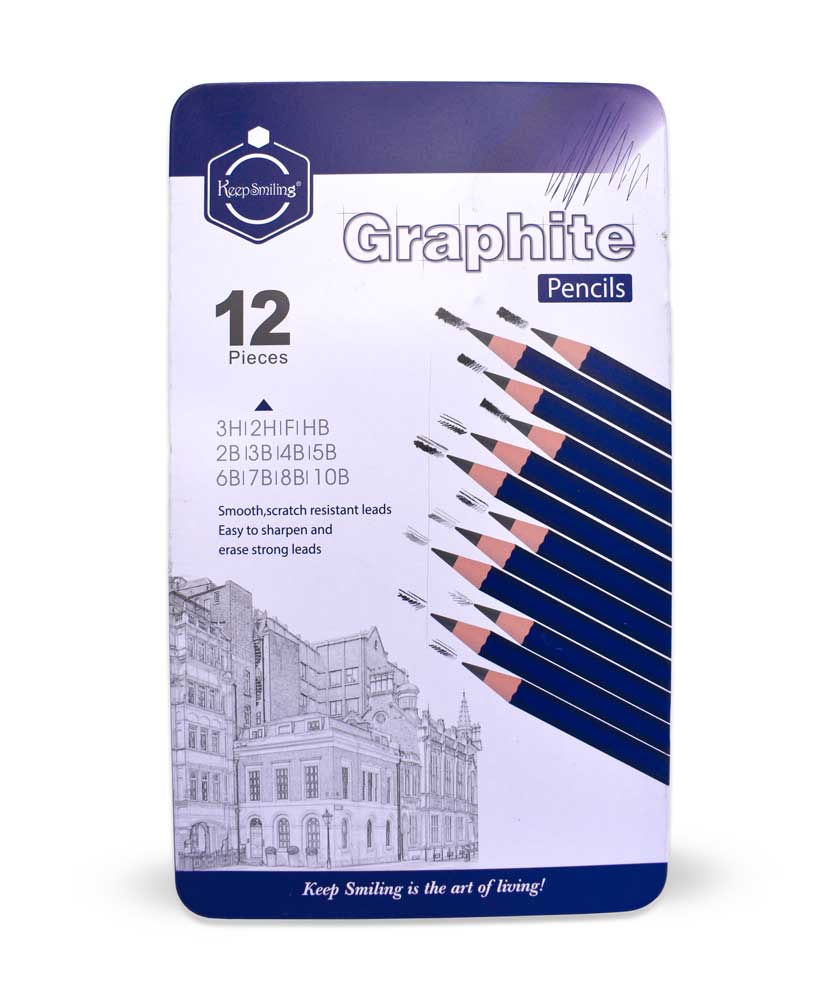 Lapiz de dibujo graphite 3H, 2H, F, HB, 2B, 3B, 4B, 5B, 6B, 7B, 8B y 10B Keep Smiling estuche metalico de 12pcs