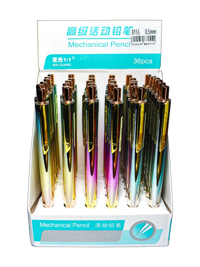 Portamina mecanismo metalico 8155 cromado ARCO IRIS 0.5mm exhibidor Mai Guang de 36pcs