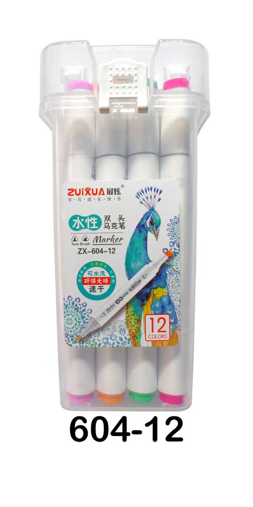 Marcadores a base de agua doble punta biselado y redondo 5/1.5mm Zuixua frasco rigido de 12 colores