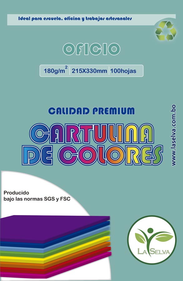 Cartulina de 10 colores intensos Oficio La Selva, paquete de 100 hojas