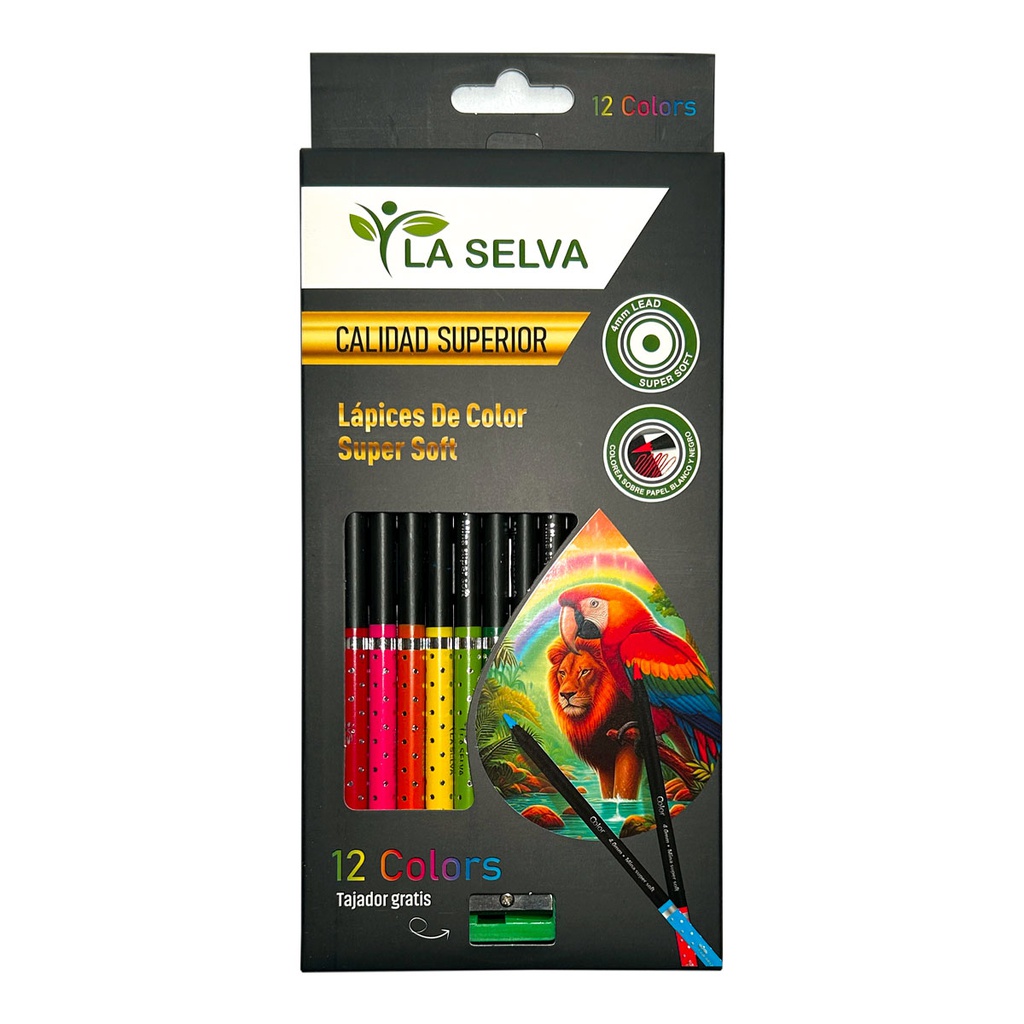 Color largo redondo mina 4mm SUPER SOFT madera negra La Selva de 12 colores + tajador