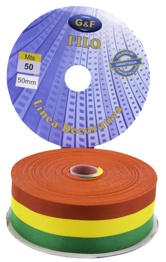 Cinta Tricolor ROLLO Boliviana con Borde Dorado 8cmx50y