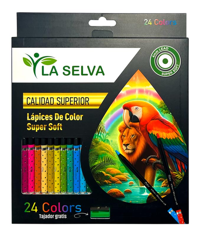 Color largo redondo mina 4mm SUPER SOFT madera negra La Selva de 24 colores + tajador