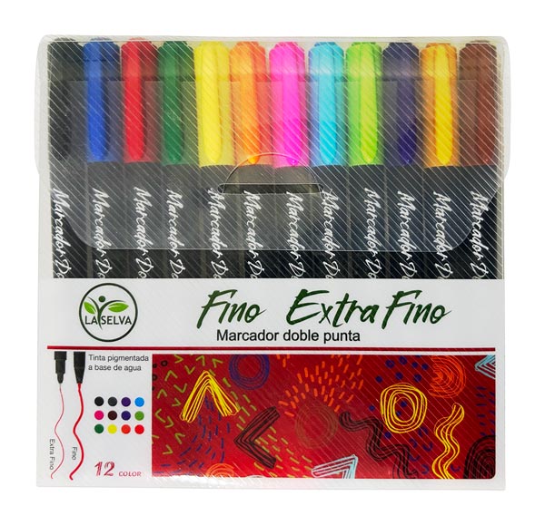 [LS-107] Marcador escolar doble punta fina-extrafina La Selva de 12 colores