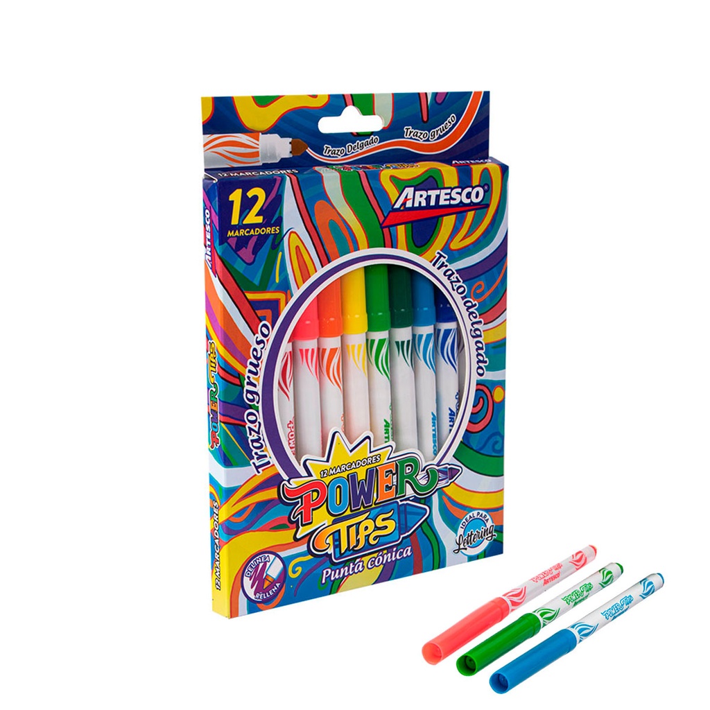 [1651586681] Marcador punta Power Tip conica trazado delgado o grueso 4.5mm Artesco de 12 colores