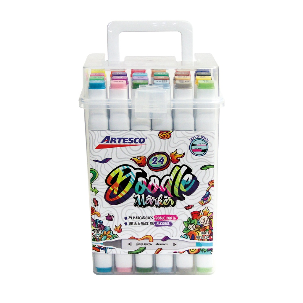 [DOO-24] Marcadores DOODLE doble punta biselado y redondo 5/1.5mm frasco rigido de 24 colores