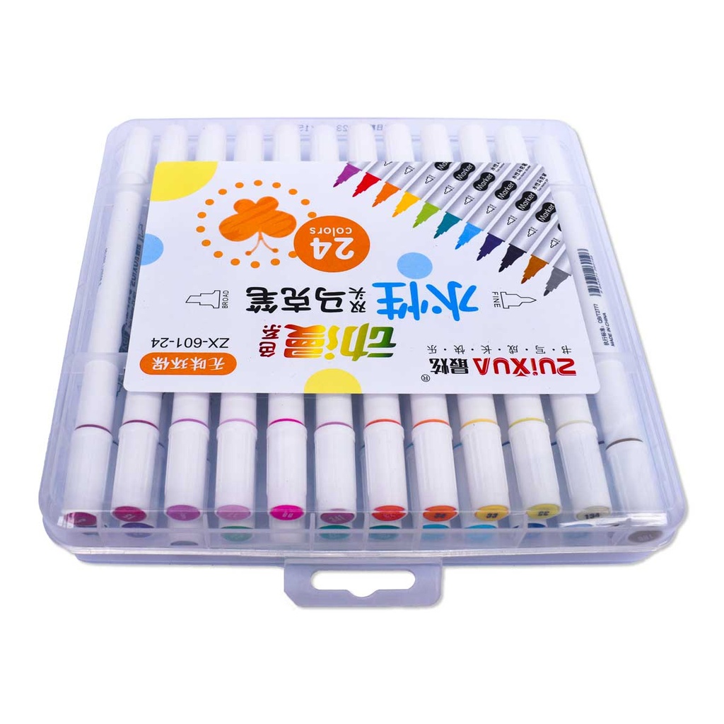 [ZX-601-24] Marcadores a base de agua doble punta biselado y redondo 4/1.2mm Zuixua estuche rigido de 24 colores