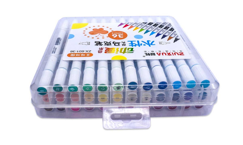 [ZX-601-36] Marcadores a base de agua doble punta biselado y redondo 4/1.2mm Zuixua estuche rigido de 36 colores