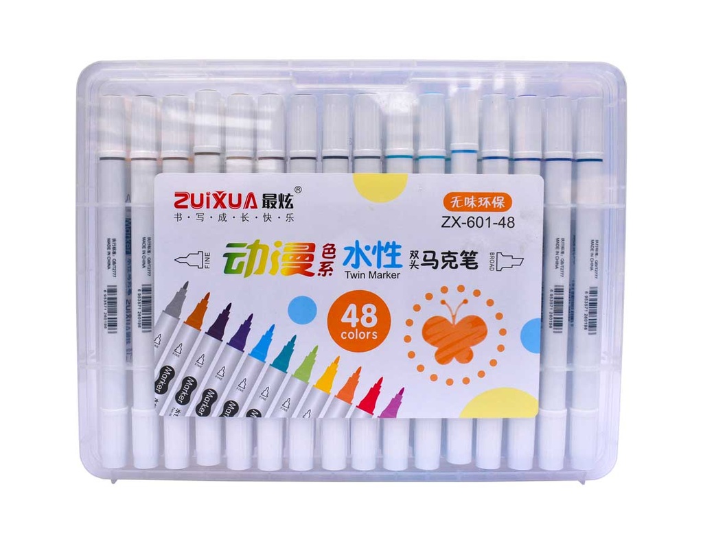 [ZX-601-48] Marcadores a base de agua doble punta biselado y redondo 4/1.2mm Zuixua estuche rigido de 48 colores