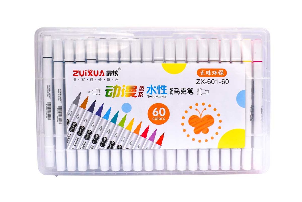 [ZX-601-60] Marcadores a base de agua doble punta biselado y redondo 4/1.2mm Zuixua estuche rigido de 60 colores