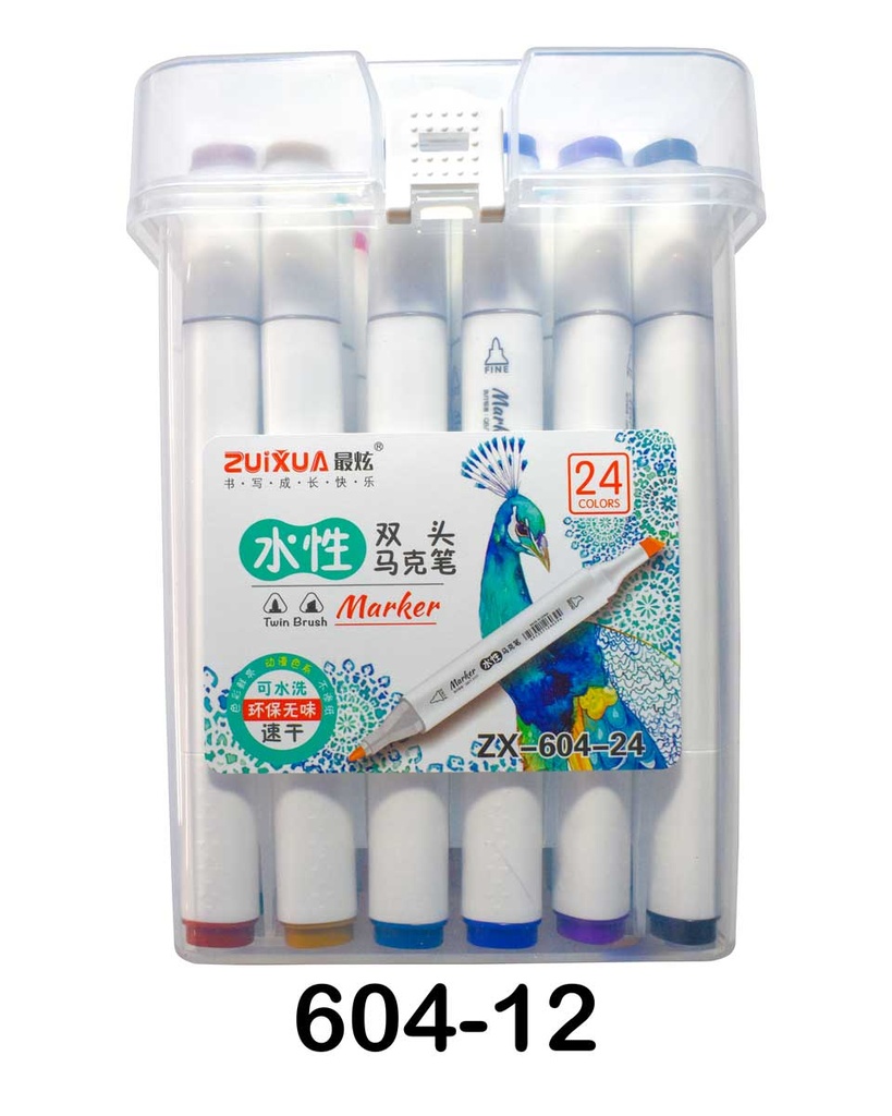 [ZX-602-24] Marcadores a base de agua doble punta biselado y redondo 5/1.5mm Zuixua frasco rigido de 24 colores