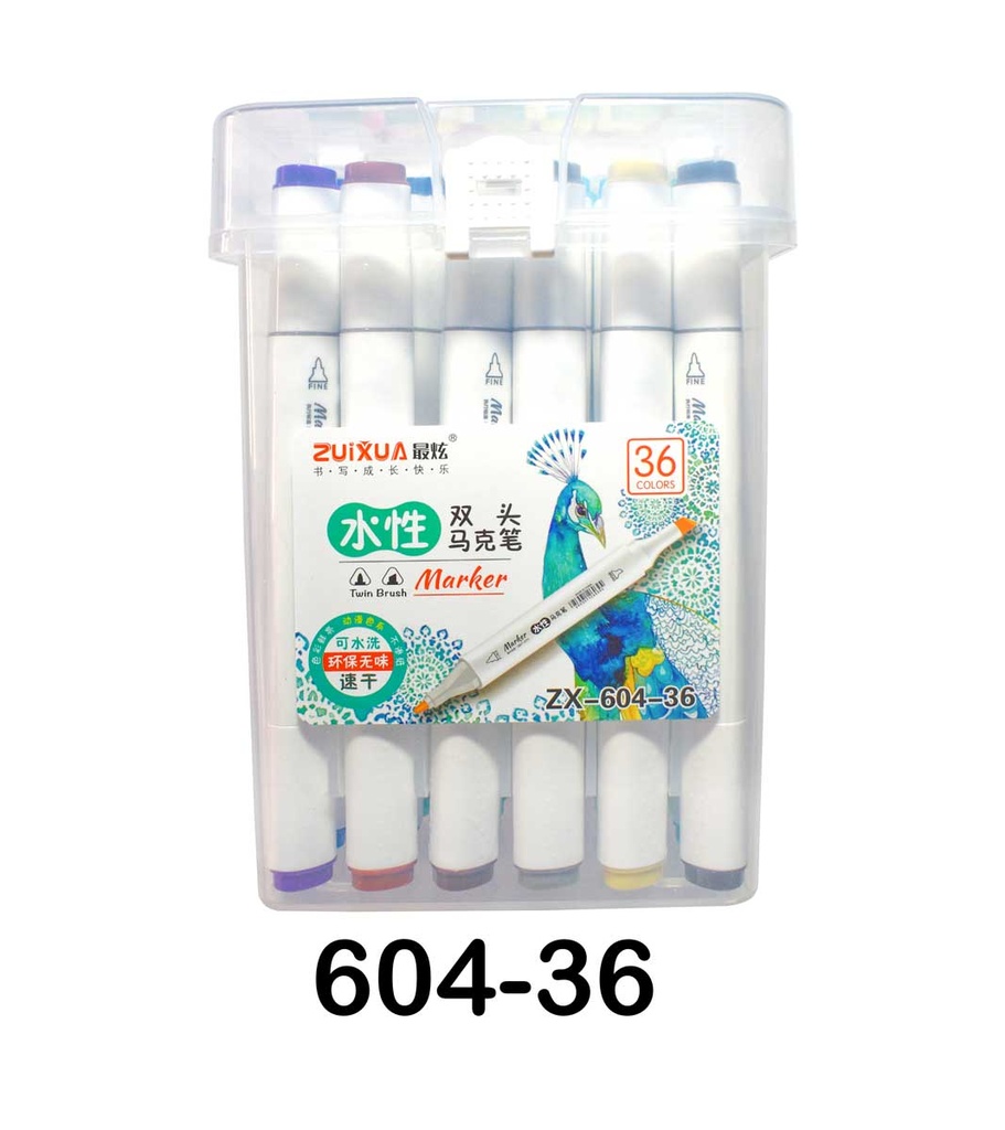 [ZX-602-36] Marcadores a base de agua doble punta biselado y redondo 5/1.5mm Zuixua frasco rigido de 36 colores