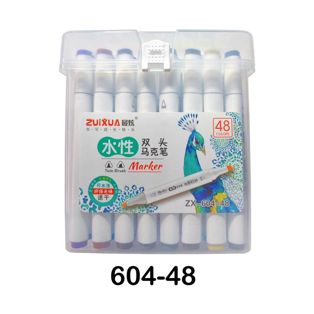 [ZX-602-48] Marcadores a base de agua doble punta biselado y redondo 5/1.5mm Zuixua frasco rigido de 48 colores