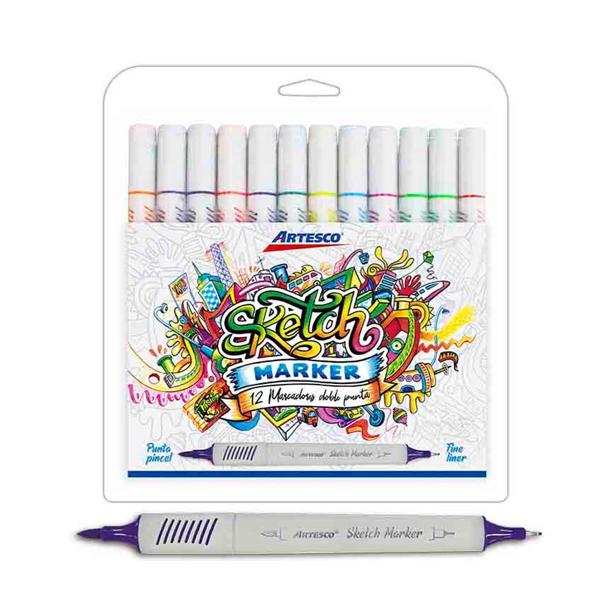 [1604356670] Marcadores doble - punta pincel y micropunta SKETCH  Artesco de 12 Colores
