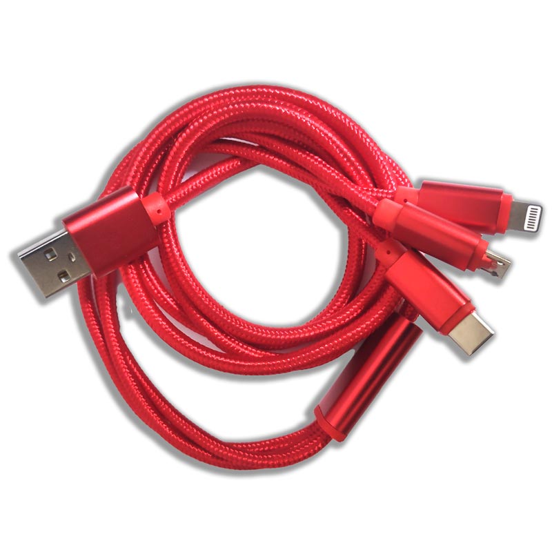 Cable usb triple V8, tipo C y Iphone, forro de tela punta metalica para carga rapida 1.2m