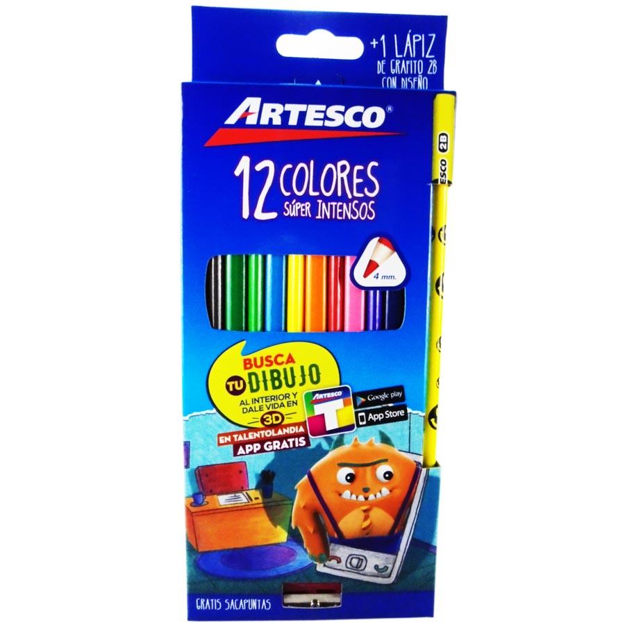 Color largo triangular mina de 4MM Artesco 12 Colores + 2 lapices + 1 tajador