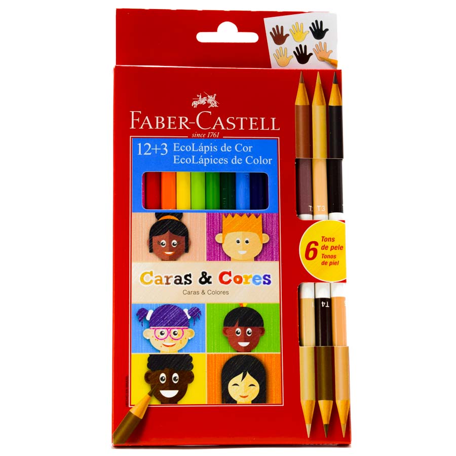 Color largo hexagonal Faber Castell 12 colores+ 3 bicolores = 6 Tonos de piel