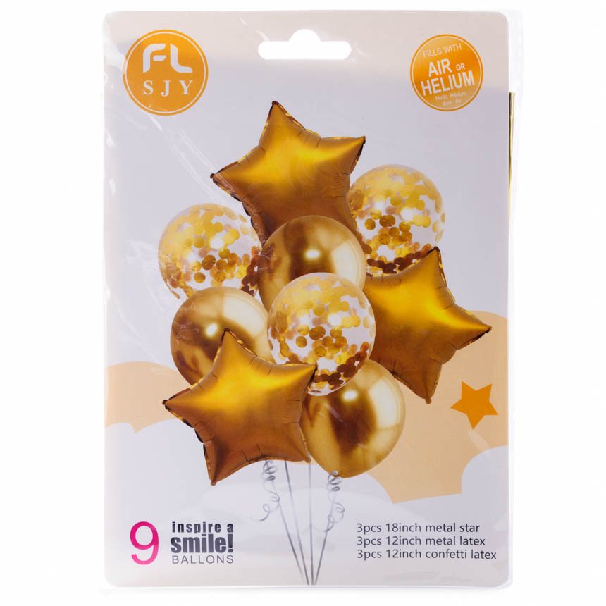 Globos de decoracion 3 inflables dorado, 3 latex dorados y 3 transparente =9pcs