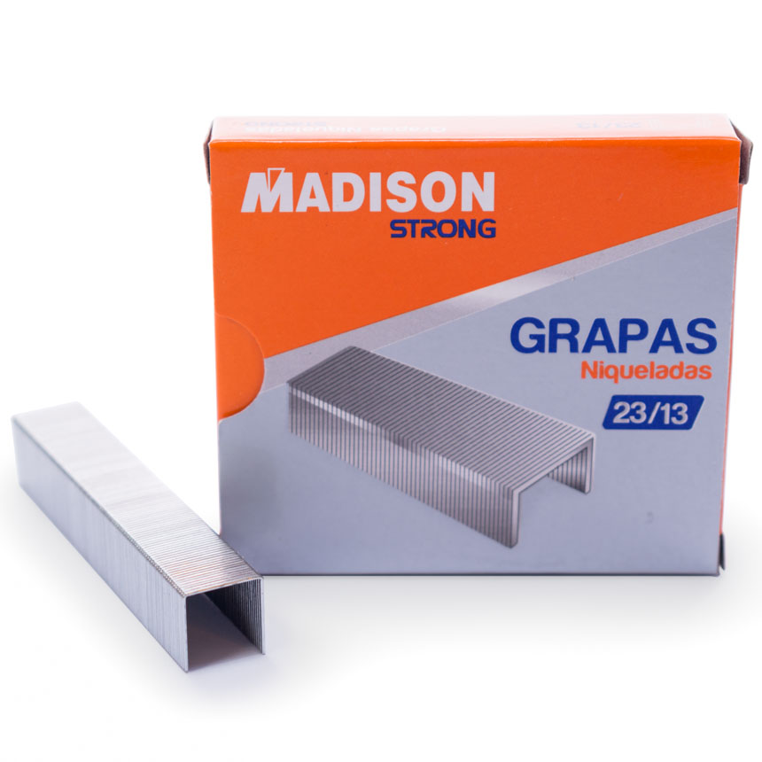 Grapas 23/13 Niqueladas STRONG MADISON 1000pcs. Capacidad 100 hjs. de 75 grs.