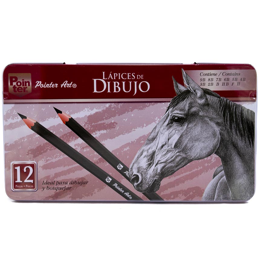 Lapiz de Dibujo H, F, HB, B, 2B, 3B, ... 8B y 9B estuche metalico Pointer 12Pcs