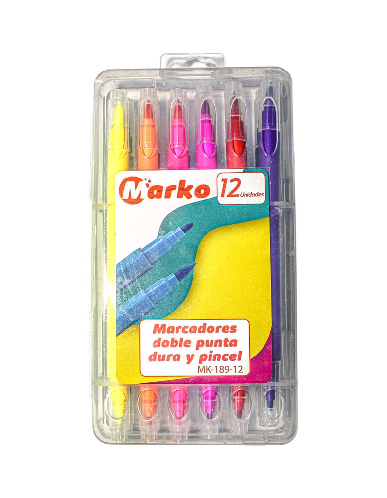 Marcador doble punta pincel estuche rigido Marko 12 colores