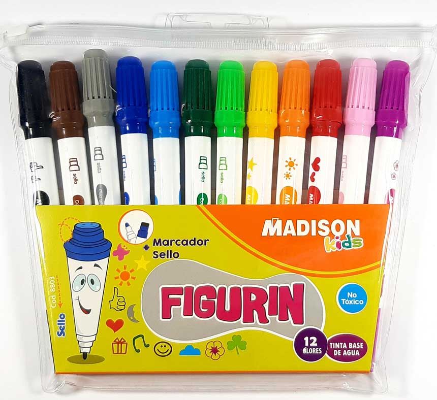 Marcador Figurin tinta base de agua con sello semigrueso MADISON kids 12 colores