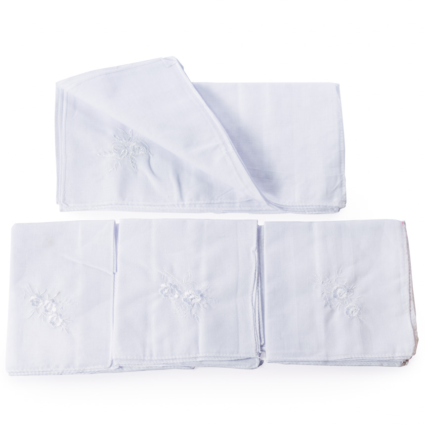 Pañuelo blanco bordado 100% algodon para MUJER 28x28cm 12PCS