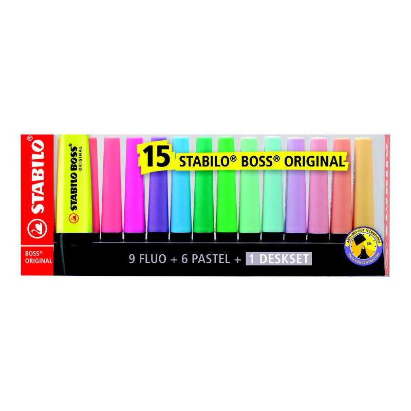 Resaltador Boss desk fluo/pastel Exhibidor Stabilo 9fluo+6pastel 15PCS