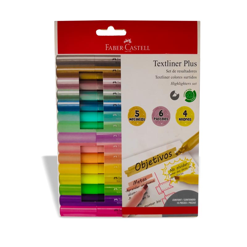 Resaltador textliner plus 3.5mm Faber Castell 15 colores surtidos (5 metalicos, 6 pasteles y 4 neones