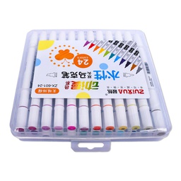 [ZX-601-24] Marcadores a base de agua doble punta biselado y redondo 4/1.2mm Zuixua estuche rigido de 24 colores