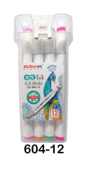 [ZX-602-12] Marcadores a base de agua doble punta biselado y redondo 5/1.5mm Zuixua frasco rigido de 12 colores