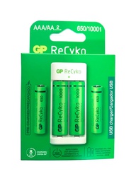 [GPE211100] Cargador de pilas para AA o AAA, GP ReCyKo 2 pilas AA y 2 pilas AAA + cargador USB